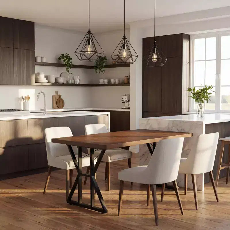 Table de salle à manger industrielle avec plateau effet bois et piètement métallique en X, table rectangulaire de taille fixe pour salle à manger ou cuisine