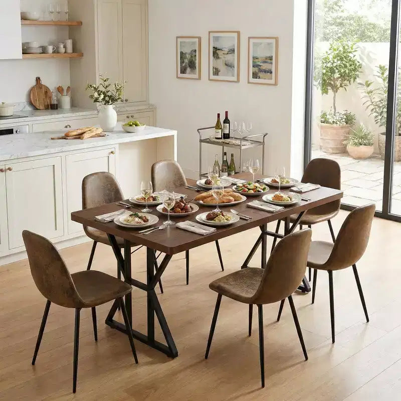Table de salle à manger industrielle avec plateau effet bois et piètement métallique en X, table rectangulaire de taille fixe pour salle à manger ou cuisine