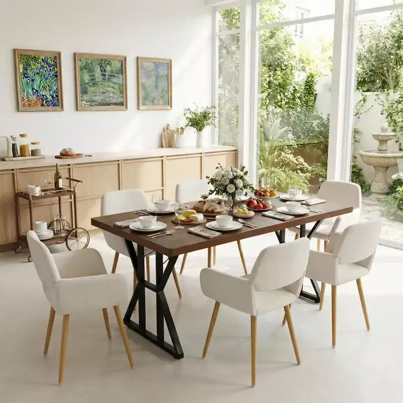 Table de salle à manger industrielle avec plateau effet bois et piètement métallique en X, table rectangulaire de taille fixe pour salle à manger ou cuisine