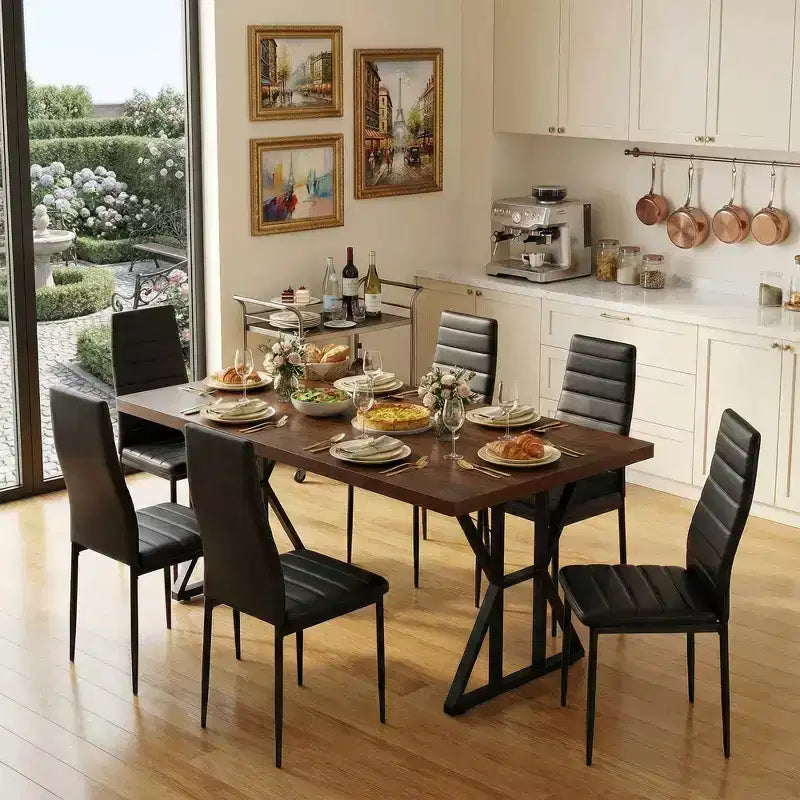 Table de salle à manger industrielle avec plateau effet bois et piètement métallique en X, table rectangulaire de taille fixe pour salle à manger ou cuisine