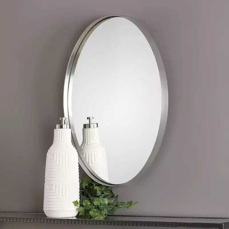 Miroir Mural Décoratif Ovale pour Coiffeuse Cadre en Acier Nickel Brossé Plaqué Moderne 20 Pouces de Large pour Salle de Bain Chambre Salon