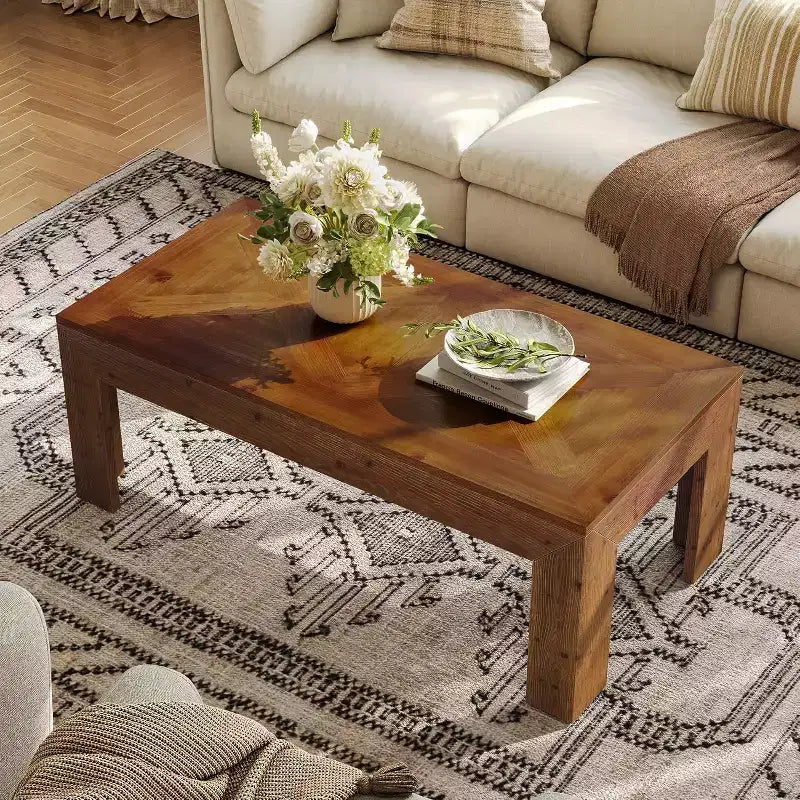 Table basse rectangulaire, table à thé de salon en bois massif de 119 cm, table de cocktail centrale vintage pour appartement, bureau