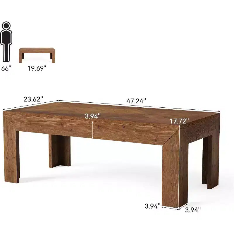 Table basse rectangulaire, table à thé de salon en bois massif de 119 cm, table de cocktail centrale vintage pour appartement, bureau