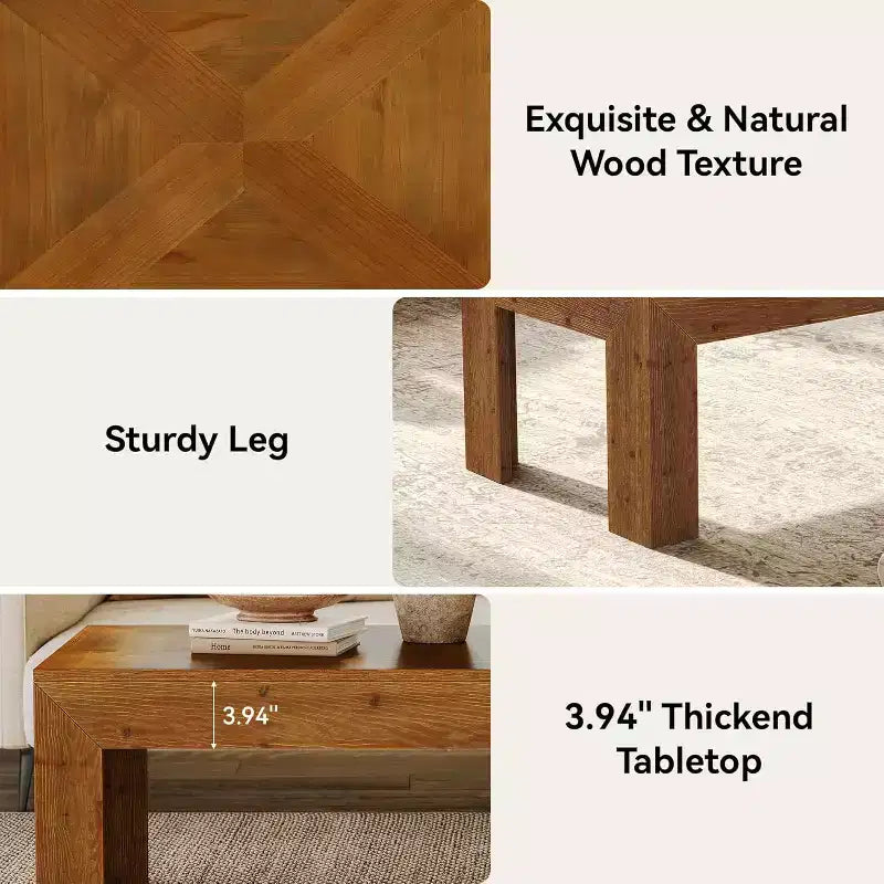 Table basse rectangulaire, table à thé de salon en bois massif de 119 cm, table de cocktail centrale vintage pour appartement, bureau