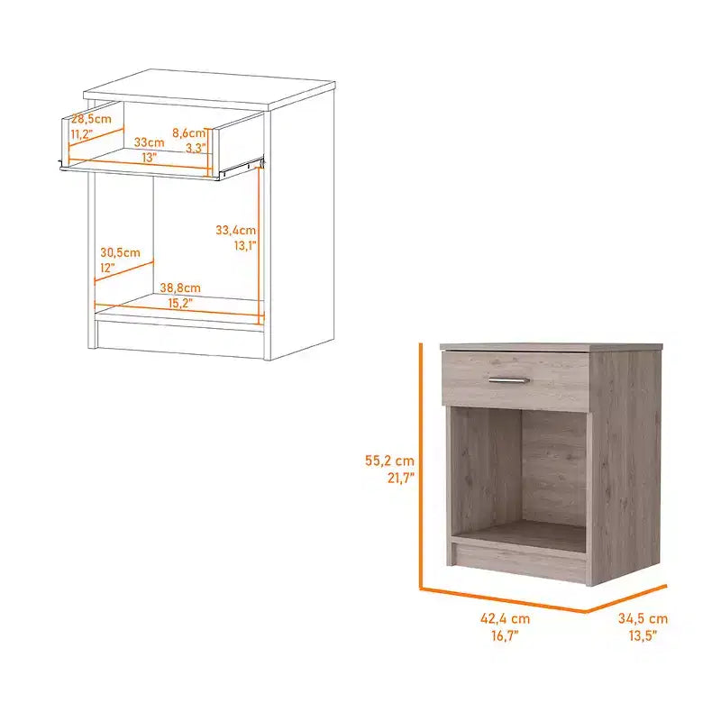 Conçue pour un usage quotidien pratique, cette table de chevet avec un tiroir, une tablette inférieure et un plateau supérieur offre un look moderne et un rangement fonctionnel.