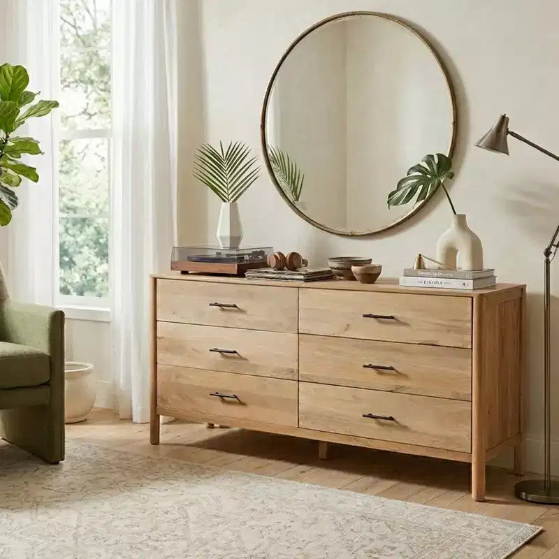 Royal Hampton Geti 66 Inch Wide Dresser, 6 Drawers, Handcrafted Natural Oak White Mango Wood