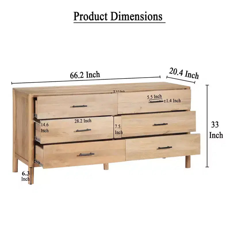 Commode de 168 cm de large, 6 tiroirs, en manguier blanc et chêne naturel fabriquée à la main