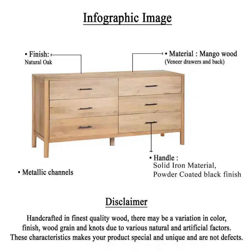 Commode de 168 cm de large, 6 tiroirs, en manguier blanc et chêne naturel fabriquée à la main