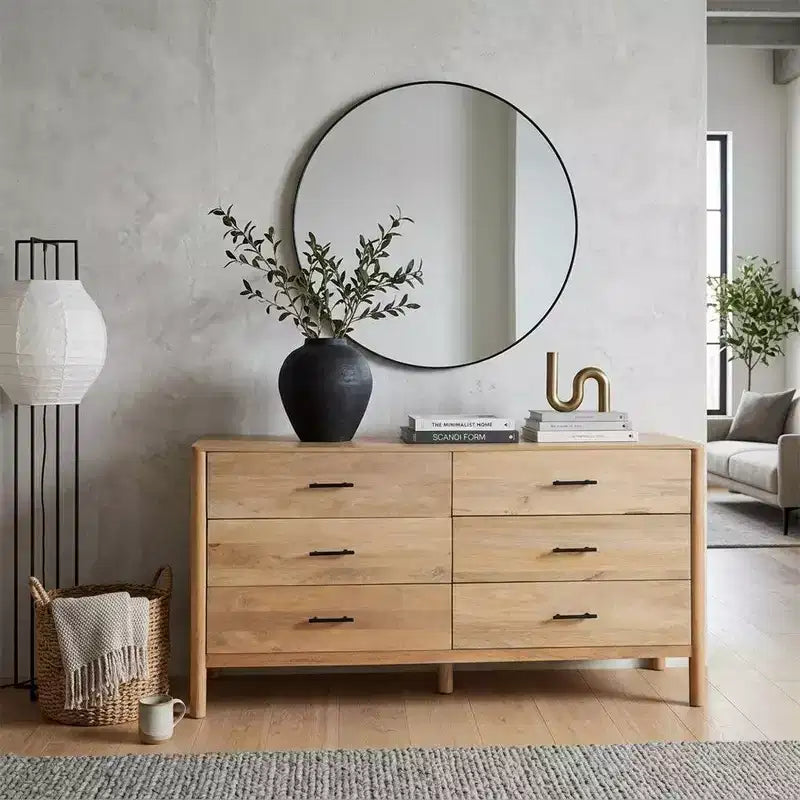 Commode de 168 cm de large, 6 tiroirs, en manguier blanc et chêne naturel fabriquée à la main