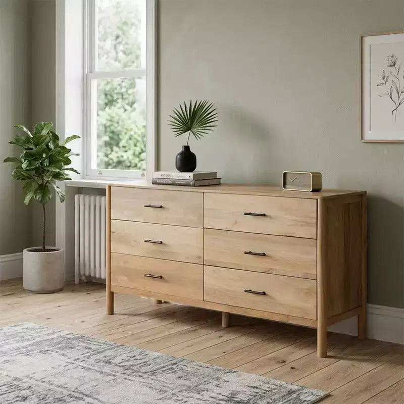 Commode de 168 cm de large, 6 tiroirs, en manguier blanc et chêne naturel fabriquée à la main