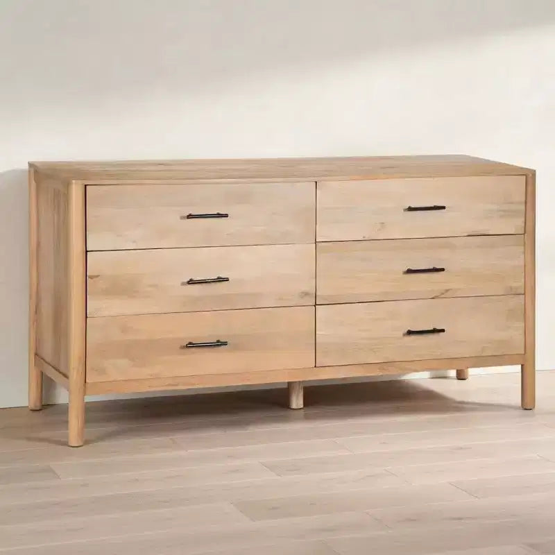 Commode de 168 cm de large, 6 tiroirs, en manguier blanc et chêne naturel fabriquée à la main