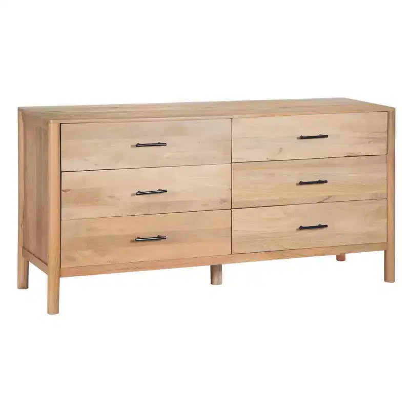 Commode de 168 cm de large, 6 tiroirs, en manguier blanc et chêne naturel fabriquée à la main