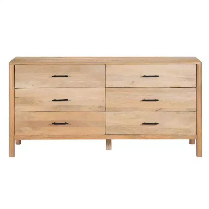 Commode de 168 cm de large, 6 tiroirs, en manguier blanc et chêne naturel fabriquée à la main