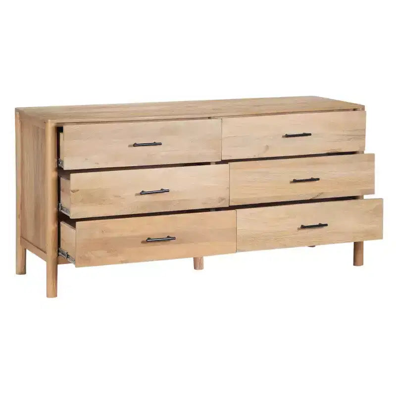 Commode de 168 cm de large, 6 tiroirs, en manguier blanc et chêne naturel fabriquée à la main