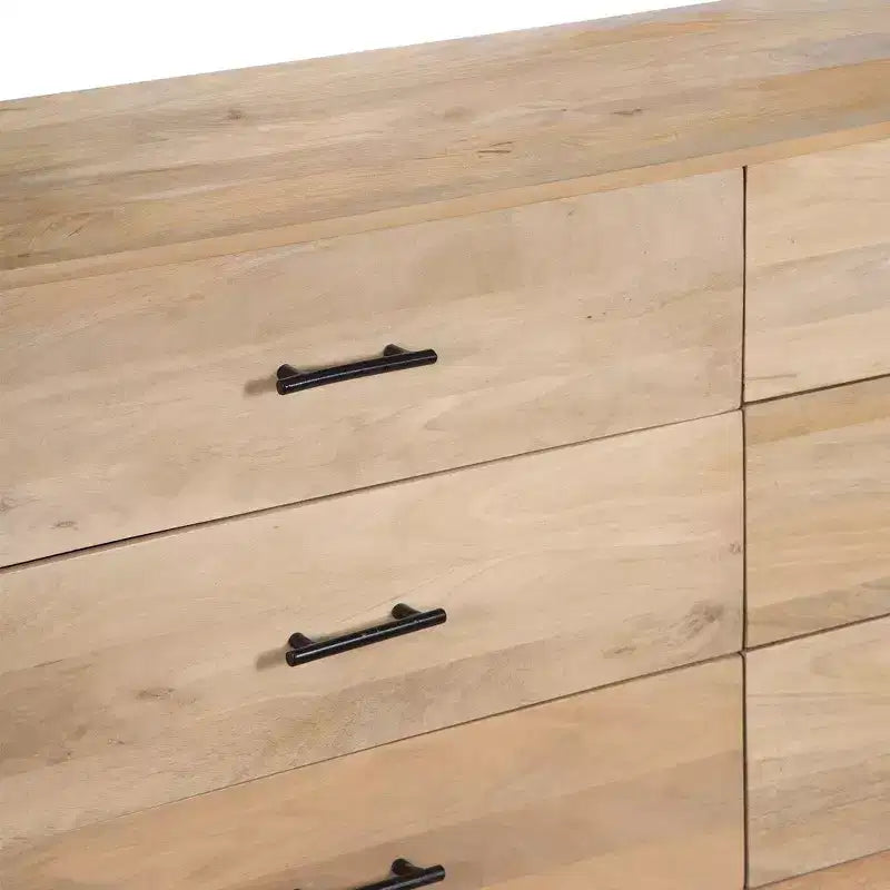 Commode de 168 cm de large, 6 tiroirs, en manguier blanc et chêne naturel fabriquée à la main