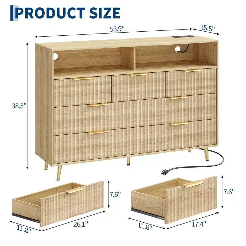 Commode moderne cannelée à 7 tiroirs de 137 cm avec lumières et station de charge, grand chiffonnier avec étagère ouverte et poignées dorées pour chambre à coucher/couloir