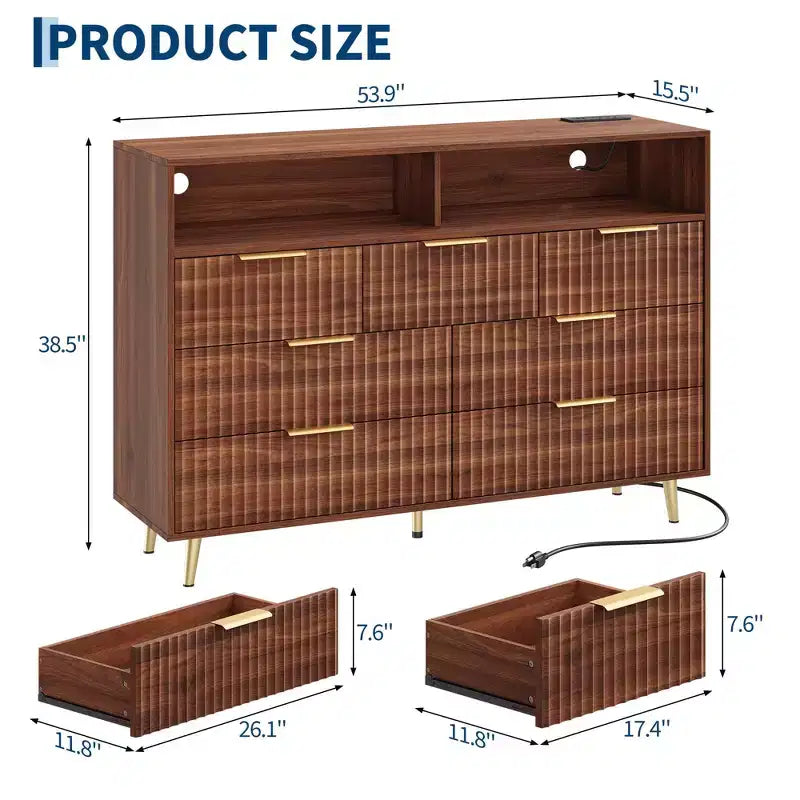 Commode moderne cannelée à 7 tiroirs de 137 cm avec lumières et station de charge, grand chiffonnier avec étagère ouverte et poignées dorées pour chambre à coucher/couloir