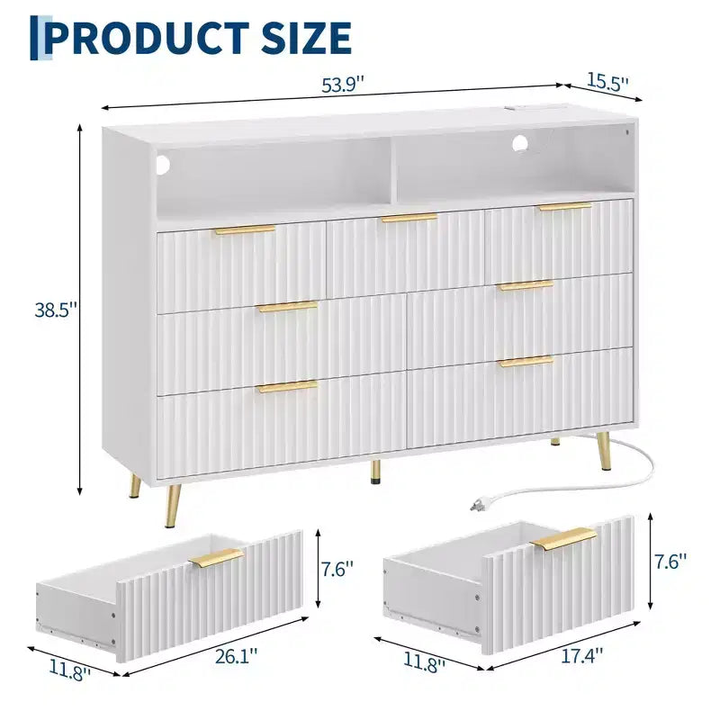 Commode moderne cannelée à 7 tiroirs de 137 cm avec lumières et station de charge, grand chiffonnier avec étagère ouverte et poignées dorées pour chambre à coucher/couloir