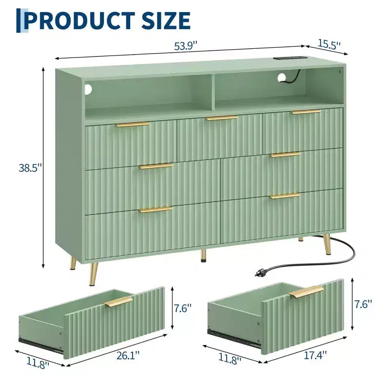 Commode moderne cannelée à 7 tiroirs de 137 cm avec lumières et station de charge, grand chiffonnier avec étagère ouverte et poignées dorées pour chambre à coucher/couloir