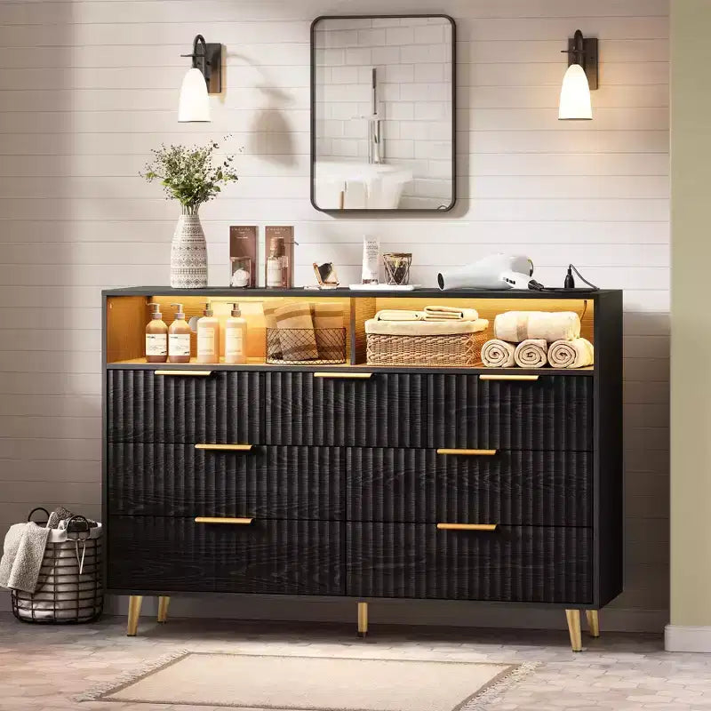 54 Modern Fluted 7-Drawer Dresser w/Lights & Charging Station,Wide Chest of Drawers w/ Open Shelf & Gold Handles for Bedroom/Hallway