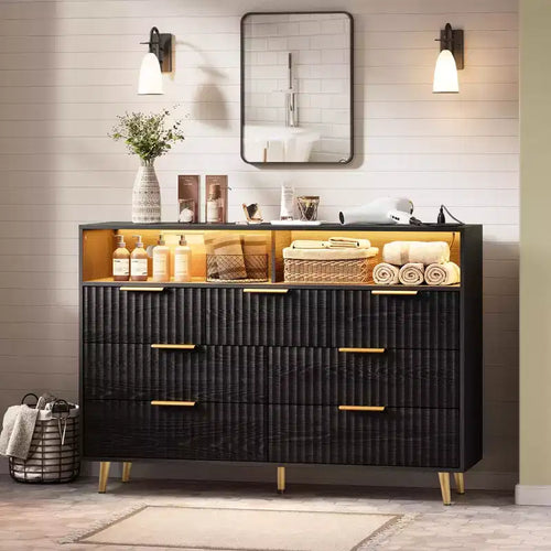 54 Modern Fluted 7-Drawer Dresser w/Lights & Charging Station,Wide Chest of Drawers w/ Open Shelf & Gold Handles for Bedroom/Hallway