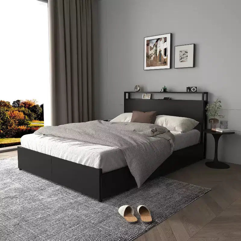 GDFStudio Marias Modern Bed Frame with 6 Drawers and, LED Light and Storage Headboard