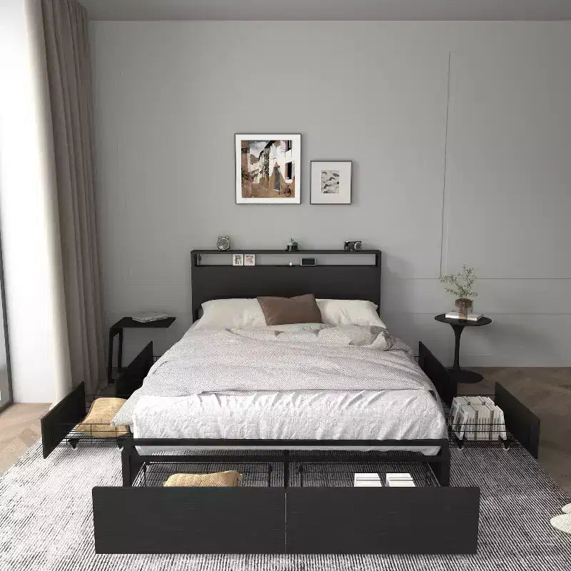 Cadre de lit moderne avec 6 tiroirs, lumières LED et tête de lit de rangement