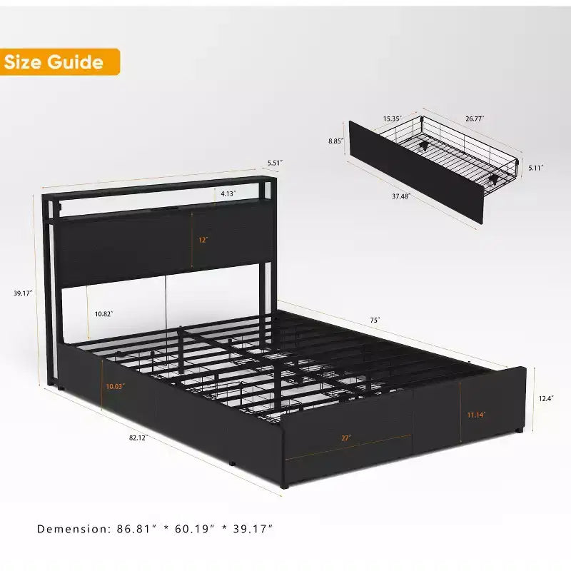 Cadre de lit moderne avec 6 tiroirs, lumières LED et tête de lit de rangement