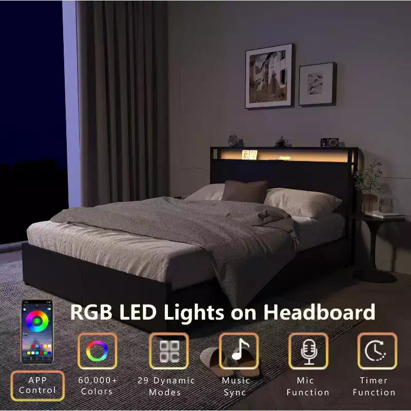 Cadre de lit moderne avec 6 tiroirs, lumières LED et tête de lit de rangement