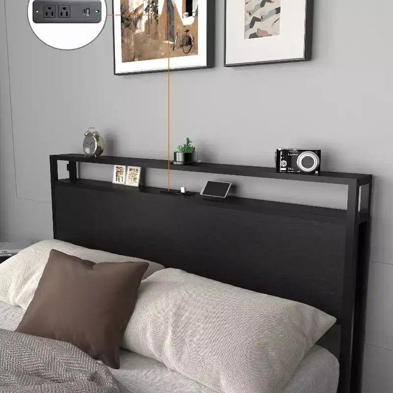 Cadre de lit moderne avec 6 tiroirs, lumières LED et tête de lit de rangement