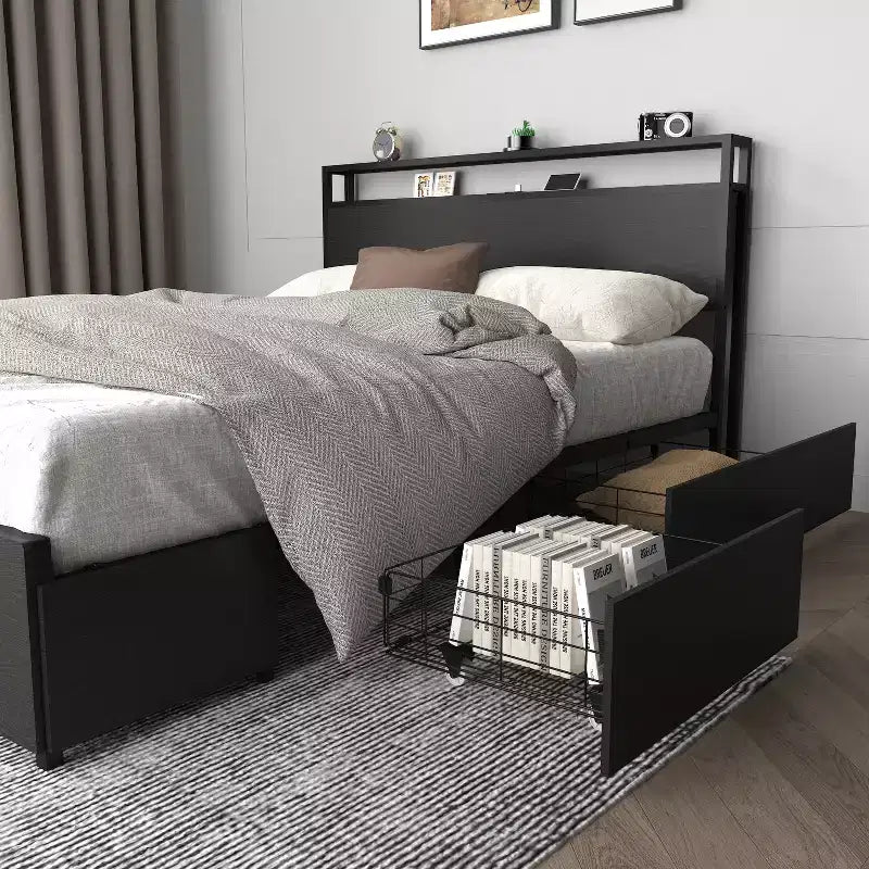 Cadre de lit moderne avec 6 tiroirs, lumières LED et tête de lit de rangement