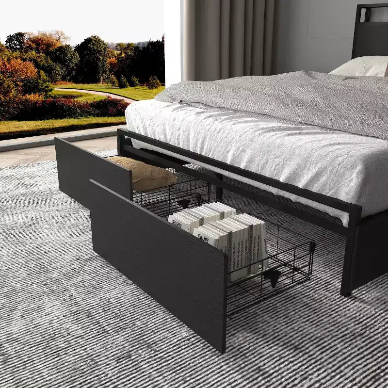 Cadre de lit moderne avec 6 tiroirs, lumières LED et tête de lit de rangement