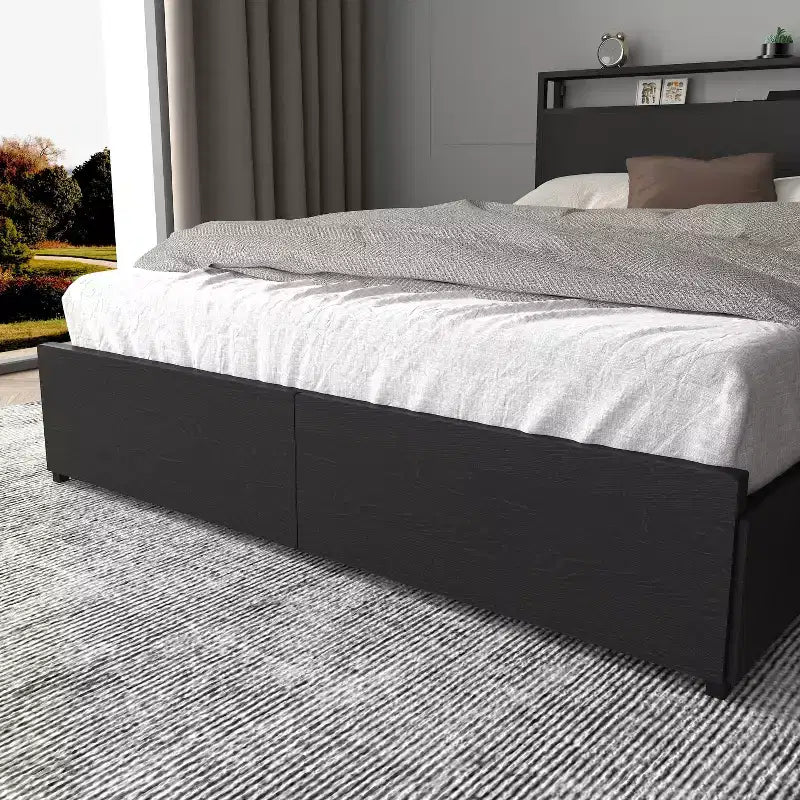 Cadre de lit moderne avec 6 tiroirs, lumières LED et tête de lit de rangement