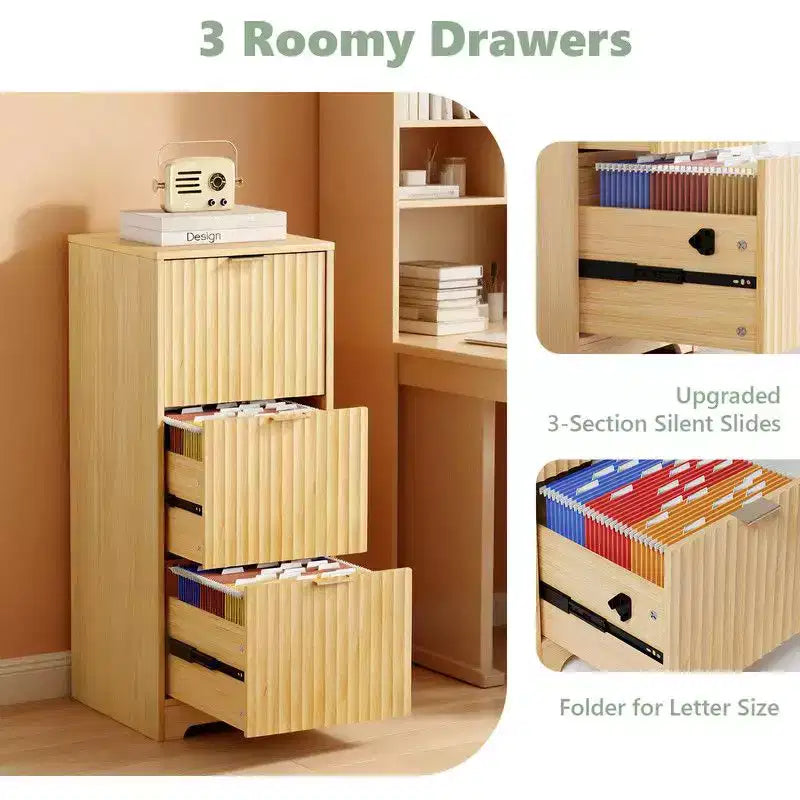Classeur en bois à 3 tiroirs finition grain de bois design cannelé