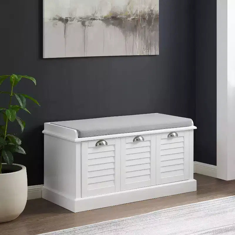 Crosley 36" Ellison Entryway Storage Bench White/Gray: Upholstered with Shoe Compartment, Narrow Design