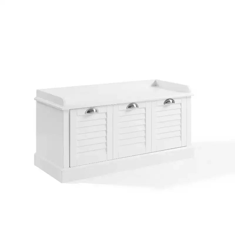 Banc de rangement d'entrée blanc/gris : Rembourré avec compartiment à chaussures, design étroit