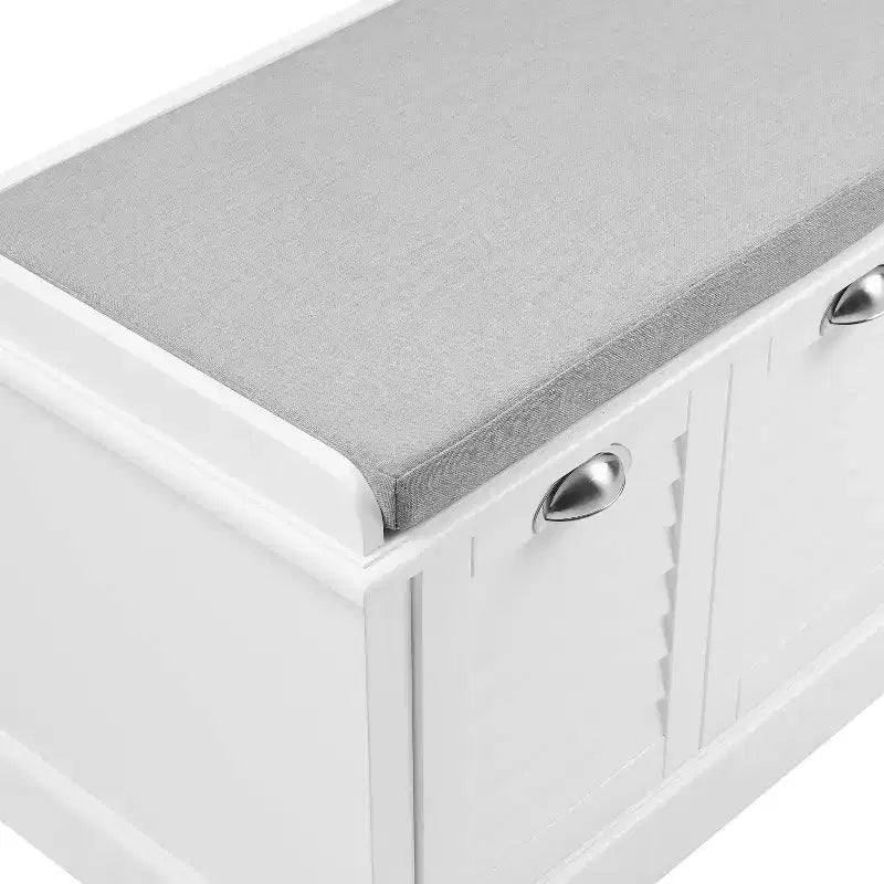 Banc de rangement d'entrée blanc/gris : Rembourré avec compartiment à chaussures, design étroit