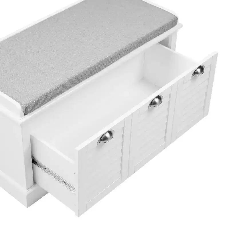 Banc de rangement d'entrée blanc/gris : Rembourré avec compartiment à chaussures, design étroit