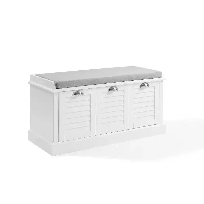 Banc de rangement d'entrée blanc/gris : Rembourré avec compartiment à chaussures, design étroit