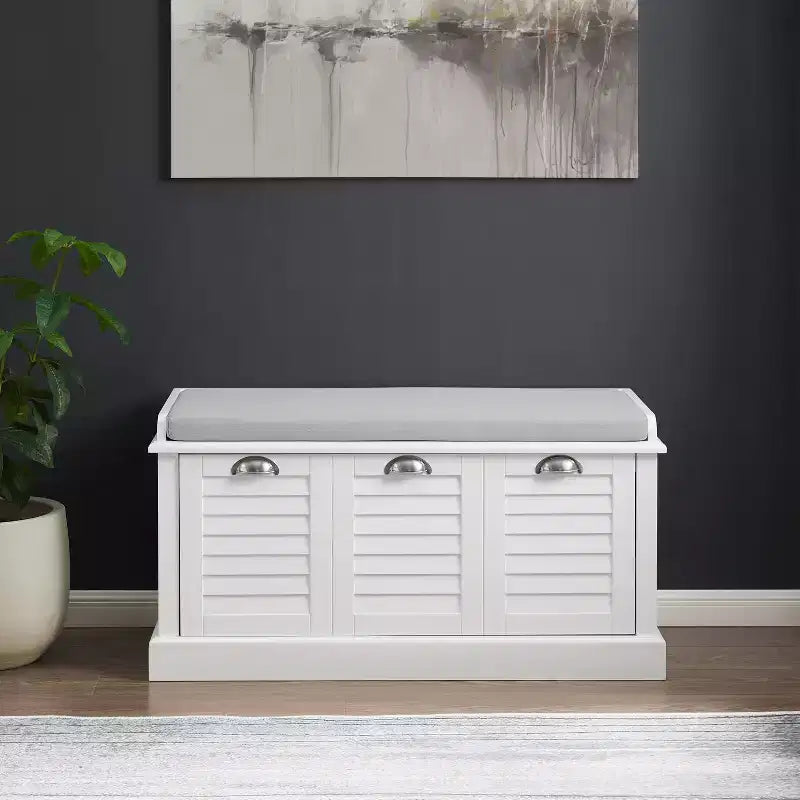 Banc de rangement d'entrée blanc/gris : Rembourré avec compartiment à chaussures, design étroit