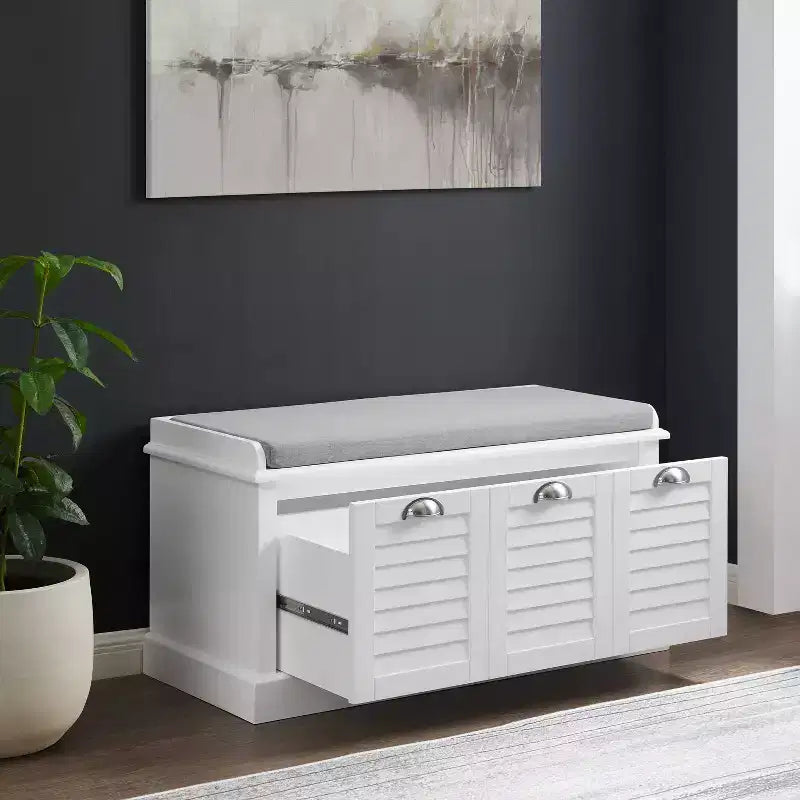 Banc de rangement d'entrée blanc/gris : Rembourré avec compartiment à chaussures, design étroit
