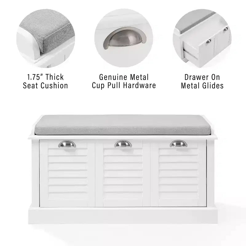 Banc de rangement d'entrée blanc/gris : Rembourré avec compartiment à chaussures, design étroit