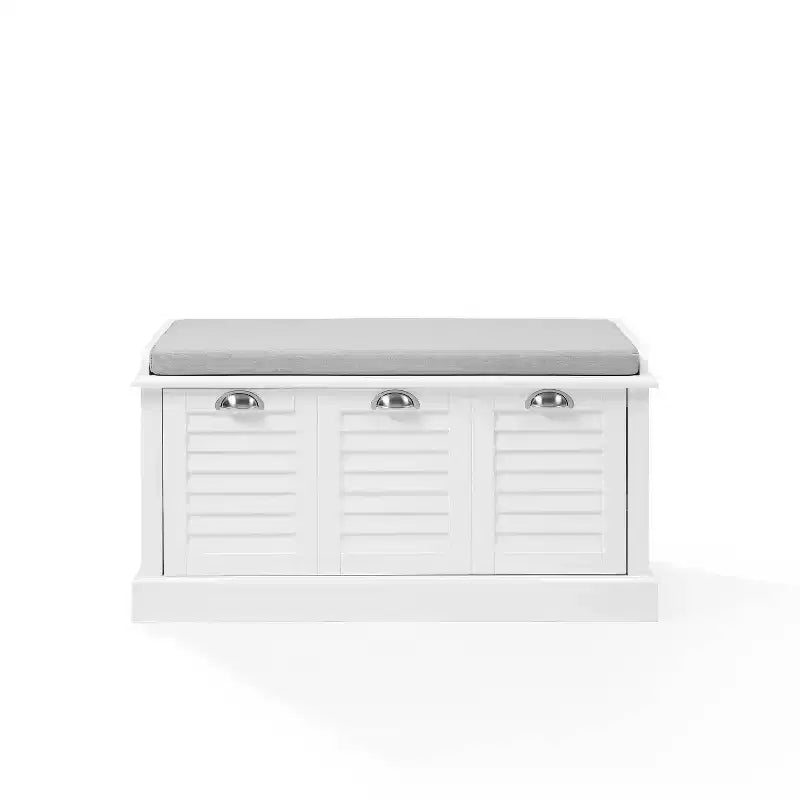 Banc de rangement d'entrée blanc/gris : Rembourré avec compartiment à chaussures, design étroit