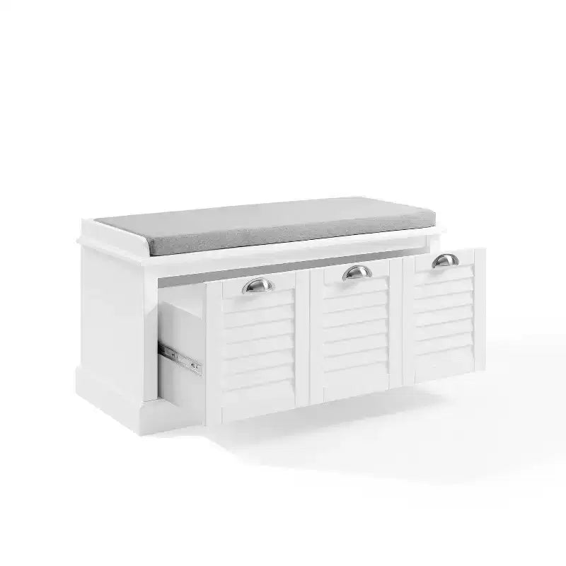 Banc de rangement d'entrée blanc/gris : Rembourré avec compartiment à chaussures, design étroit